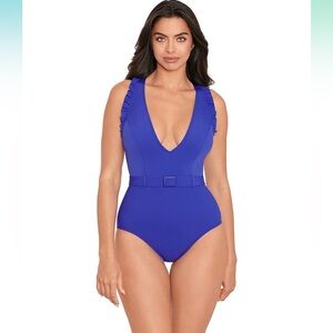 Miraclesuit Skinny Dippers Blue Jelly Beans Cinch Waist Ruffle Sleeve One Piece